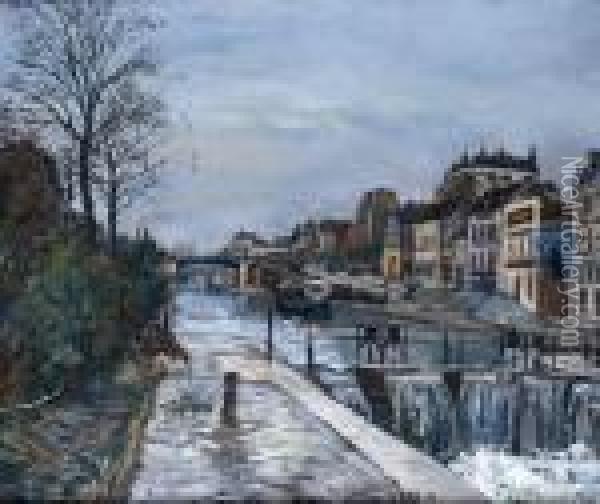 Paris, L'ecluse Sur Le Canal Saint-martin Oil Painting - Marcel Leprin