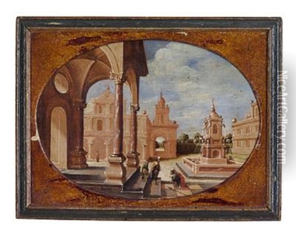 Palace Exterior With Baroque Architecture And Dignified Persons (+ Another, Similar; Pair) Oil Painting - Hans Jurriaensz van Baden