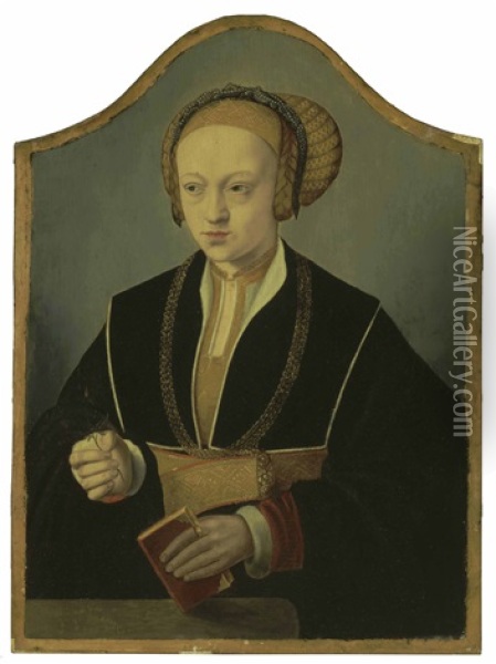 Portrait Of A Lady, Said To Be Princess Sybille Of Cleves, Wearing A Black Costume, Gold Chain And An Elaborate Headdress, Holding A Book And Rose Bud Oil Painting - Bartholomaeus Bruyn the Elder