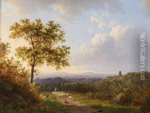 Landscape Withmeadows And A Lane With A Shepherd And His Sheep Oil Painting - Gillis Smak Gregoor