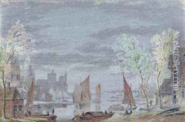 View Of Shipping On A River, A Castle Beyond Oil Painting - Abraham Rademaker