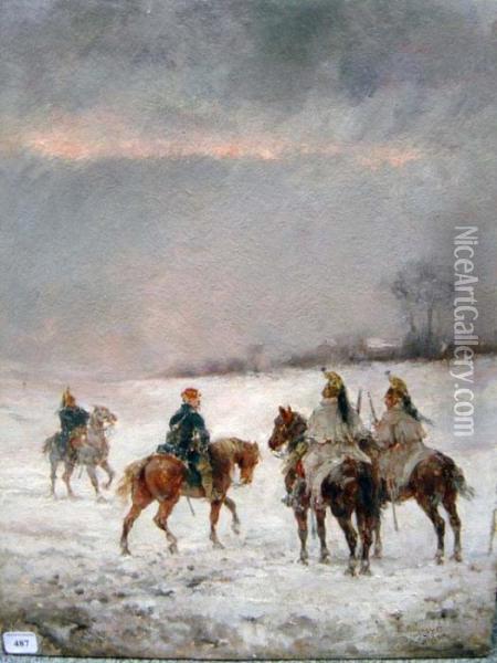 < Militaires Dans Un Paysage D'hiver >. Oil Painting - Louis Emile Benassit