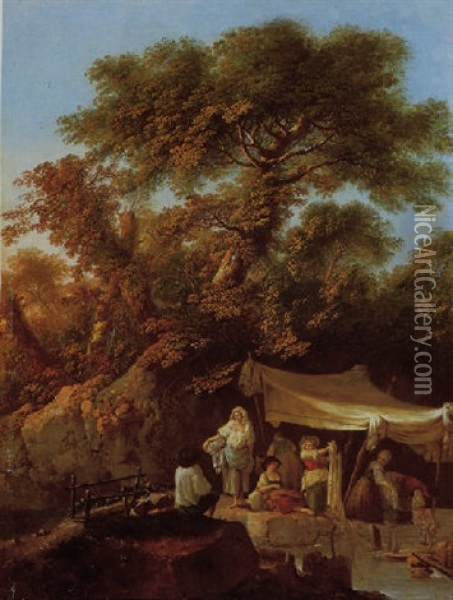 Washerwomen Beside A River In A Wooded Landscape Oil Painting - Jean Baptiste Pillement
