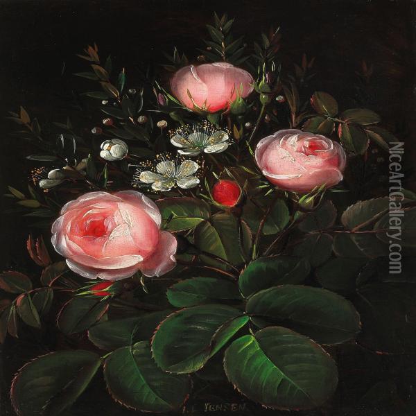 Pink Roses And Myrtles Oil Painting - Johan Laurentz Jensen