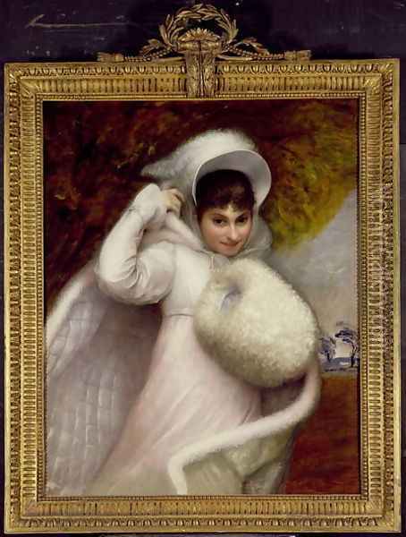 Portrait of a lady in a white dress and a fur rimmed cape Oil Painting - Rev. Matthew William Peters