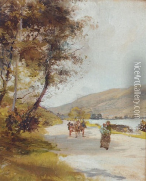 Figures And A Horse And Cart By The Edge Of A Loch Oil Painting - Archibald Kay