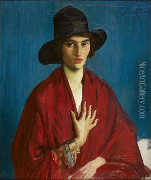 Woman In A Red Dress And Black Hat Oil Painting - George Washington Lambert