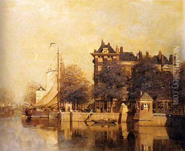Moored Sailing Vessels Along A Quay, Amsterdam Oil Painting - Johannes Christiaan Karel Klinkenberg