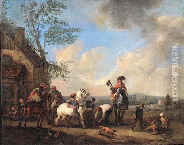Horsemen Outside A Blacksmith's Workshop Oil Painting - Pieter Wouwermans or Wouwerman