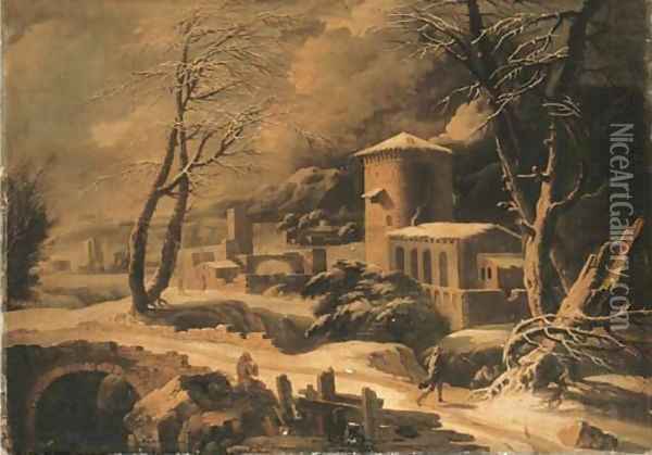 A mountainous winter landscape with peasants by farmhouses Oil Painting - Francesco Foschi