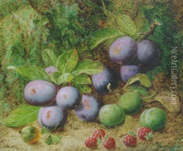 Plums, Greengages, Raspberries And Gooseberries On A Mossy Bank Oil Painting - Oliver Clare