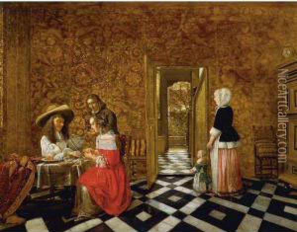Merry Company At A Table With A Woman And A Child Oil Painting - Henry Van Der Burch