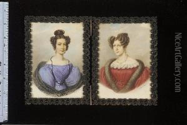 Two Portraits Of Ladies, Possibly Members Of The Fuller Family; One Wears Blue Dress With Black Lace Shawl, A Lorgnette On A Black Ribbon Around Her Neck, Drop Gold Earrings, Her Dark Hair Held With A Tortoiseshell Comb; The Other Wears Red Dress With Lac Oil Painting - Johann Baptist Vanacker