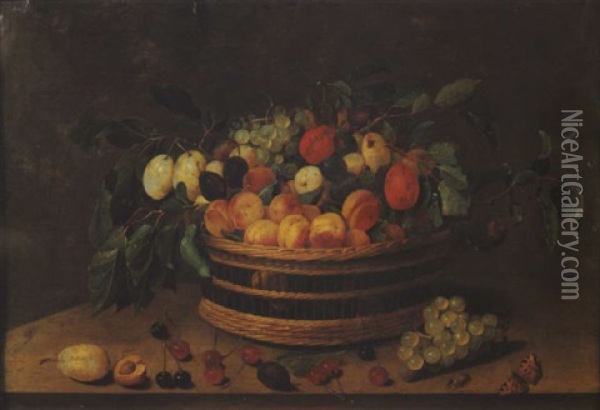 Nature Morte Au Panier D'abricots, Prunes Et Raisins Sur Un Entablement Oil Painting - Jacob van Hulsdonck
