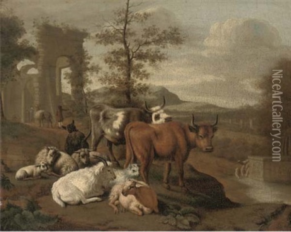 An Italianate Landscape With Cattle, Goats, Sheep And Figures By Classical Ruins Oil Painting - Michiel Carree