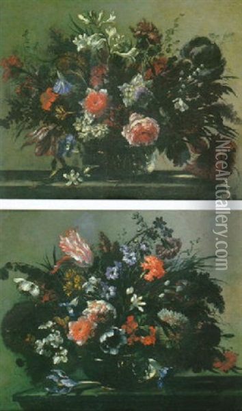 Nature Morte Au Bouquet De Fleurs Dans Une Vase En Verre Sur Un Entablement Oil Painting - Nicolas Baudesson