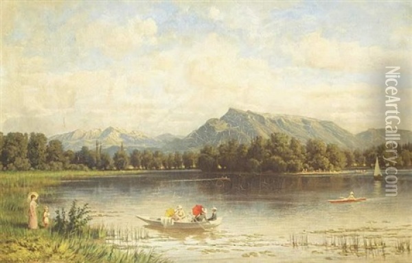 Sommerliche Landschaft Am Staffelsee Mit Booten Und Figurenstaffage Oil Painting - Franz Hinterholzer