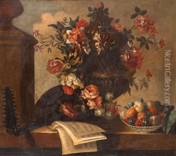 Bouquet De Fleurs, Corbeille De Fruits Et Partition Oil Painting - Jean-Baptiste Belin de Fontenay the Elder