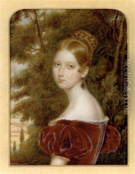 Queen Victoria In Lace-bordered Claret Coloured Velvet Dress, Gold Set Emerald Drop Earring, Her Fair Hair Plaited And Dressed In A Bun, Foliate Background Oil Painting - Henry Collen