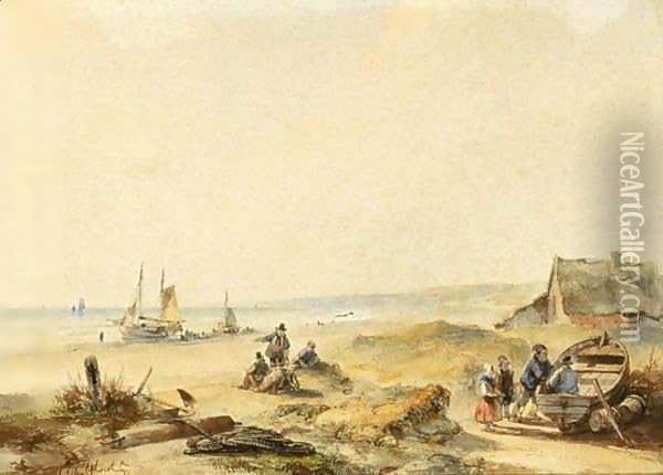 Fisher Folk In The Dunes Oil Painting - Andreas Schelfhout