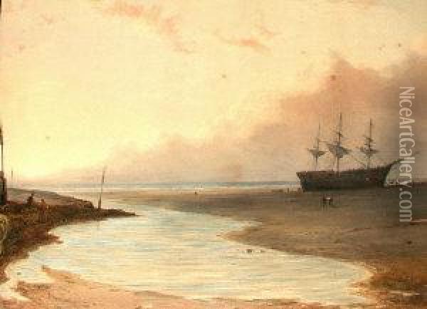 Beached Vessel On The Sands Oil Painting - William Callow