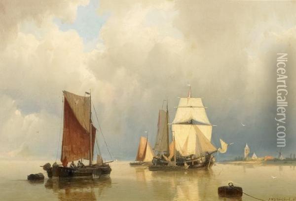Dutch Fishermen On A Calm Sea Oil Painting - Johannes Hermann Barend Koekkoek