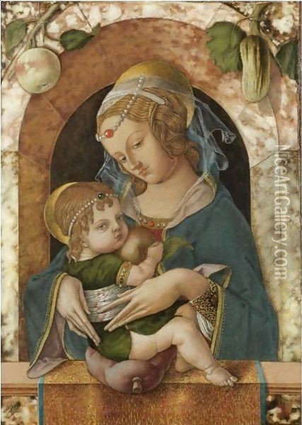 The Madonna And Child At A Marble Parapet, An Apple And A Gourd Hanging From A Niche Behind Oil Painting - Carlo Crivelli