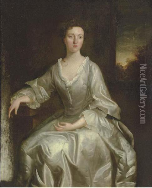 Portrait Of Lady Wroughton, Seated, With A Landscape Beyond Oil Painting - Thomas Hudson