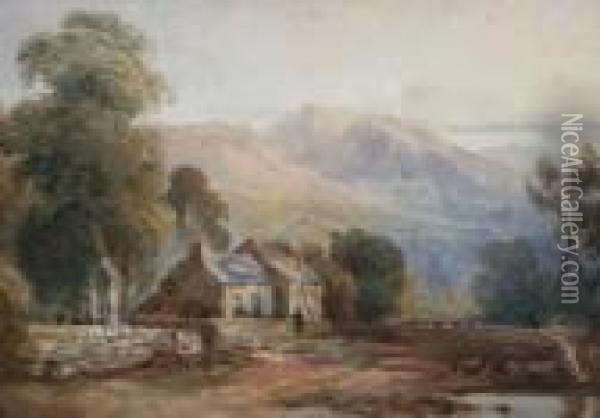 Figures By A Rural Cottage With Distant Cattle Oil Painting - David Cox