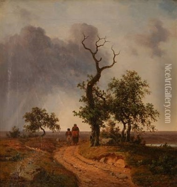 Autumn Lanscape With A Son And Mother Walking On A Road Oil Painting - Georg Emil Libert