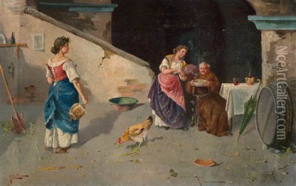 Il Pranzo (cortile Mit Zwei Jungen Neapolitanerinnen, Die Einem Geistlichen Ein Mahl Servieren) Oil Painting - Giuseppe Costa