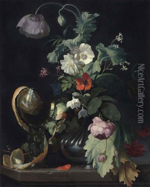 Roses, A Tulip, A Poppy And Other Flowers In A Vase And A Half-peeled Orange In A Roemer, On A Stone Ledge Oil Painting - Herman Verelst