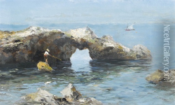 Fischer Bei Felsen Auf Capri Oil Painting - Oscar Ricciardi