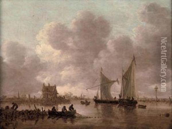 'smalschips' On The Kil Near The
 Oude Wachthuis With Fishermenraising A Net Off A Jetty, The Grote Kerk 
At Dordrecht Beyond Oil Painting - Jan van Goyen