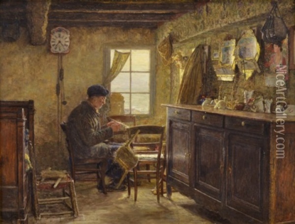 Interior Med Fiskare Som Knyter Nat Oil Painting - Marie Francois Firmin-Girard