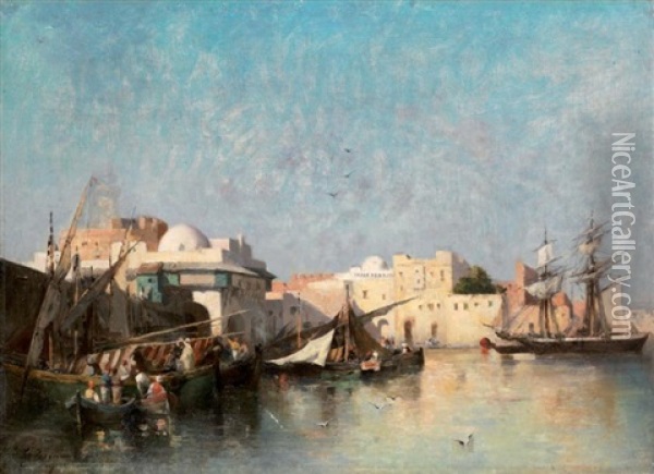 Voiliers Dans Un Port Oriental Oil Painting - Emile Regnault de Maulmain