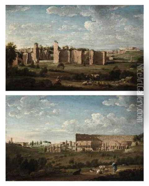 The Baths Of Caracalla, With The Lateran Beyond, Rome (+ The Colosseum, With The Arch Of Constantine, Rome; Pair) Oil Painting - Hendrick Frans van Lint