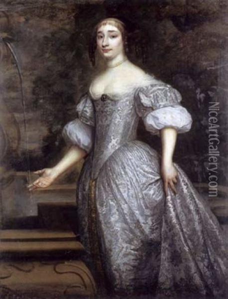Portrait De Dame En Robe Blanche Devant Un Parc Oil Painting - Bartholomeus Van Der Helst