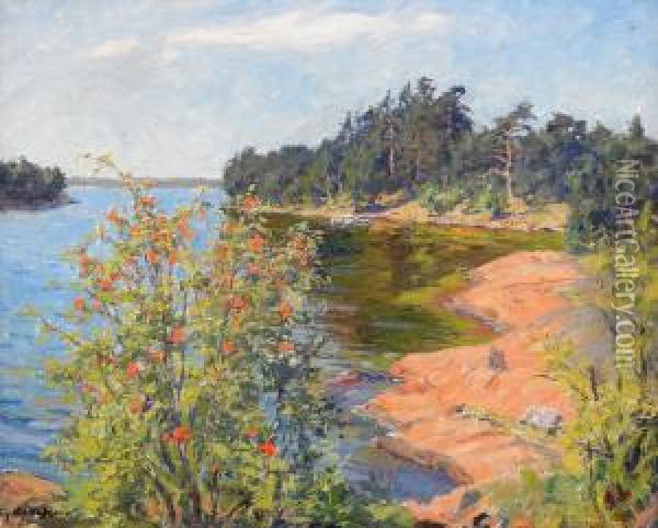 Strandparti Med Nyponbuske - Solig Sommardag Oil Painting - Gottfrid Kallstenius