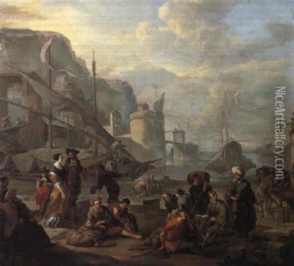Harbour Scene With An Elegant Couple, Sailors And Figures Oil Painting - Johannes Lingelbach