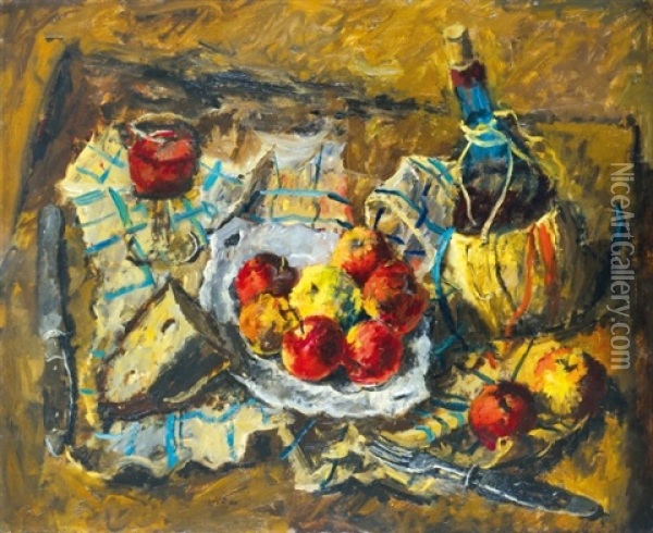 Apples And Red Wine Oil Painting - Andor Basch