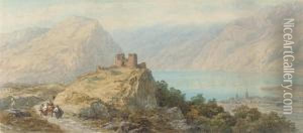 Figure Passing The Ruined Castle By The Lake Of Wallenstadt Oil Painting - Charles Vacher