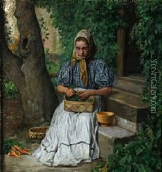 A Young Girl Podding Peas Oil Painting - Axel Theofilus Helsted