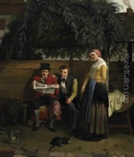 Reading The Newspaper In The Arbour. Signed To The Right On The Table Leg: C. Coene Oil Painting - Constantin Fidele Coene