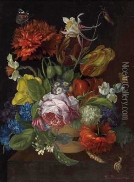 Blumenstillleben Mit Faltern Und Schnecke Oil Painting - Lina Krause