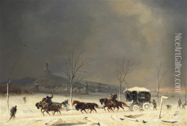 Postkutsche Im Wintersturm Auf Der Landstrase Oil Painting - Johann Jakob Eduard Handwerk
