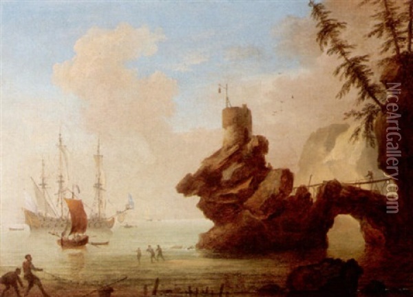 A Rocky Mediterranean Coastal Scene With Fishermen And A Man-of-war At Anchor Oil Painting - Adriaen Van Diest
