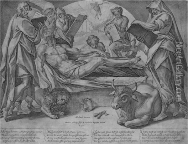 The Dead Christ And The Four Evangelists (holl. 295; S. 169) Oil Painting - Hendrick Goltzius