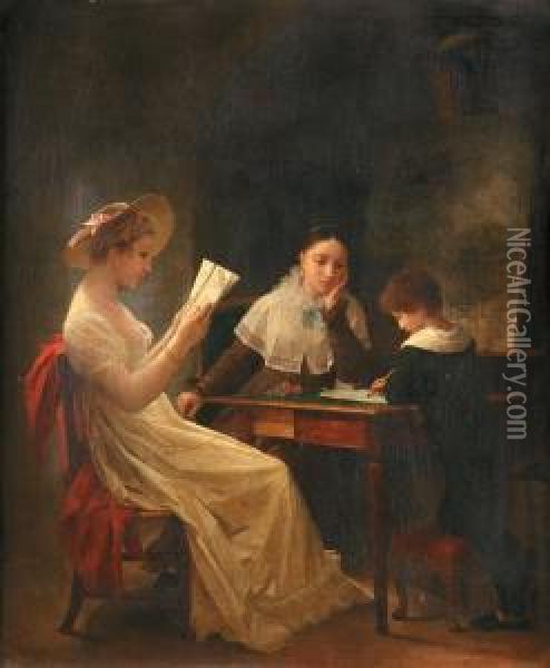 Jeune Garcon Ecrivant Pres De Sa Mere En Train De Lire. Oil Painting - Marguerite Gerard