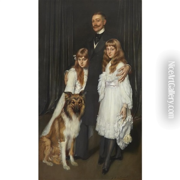 Portrait Of A Family With Their Collie Oil Painting - Antonio De La Gandara